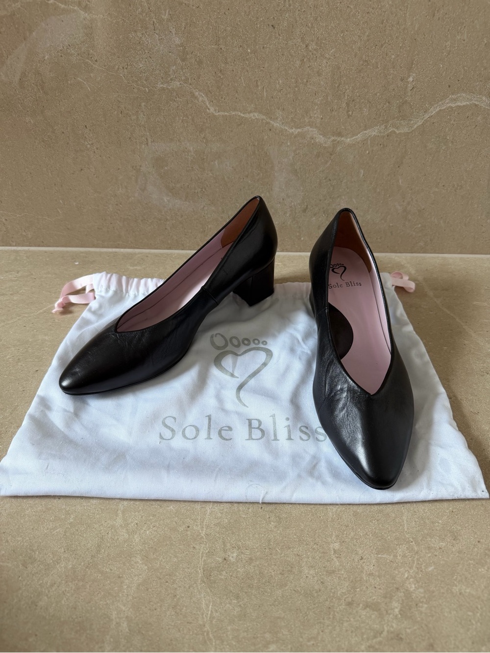 Gently Used - Sole Bliss Black Leather “Ingrid” Block Heel Pumps (US 10 / EU 41)